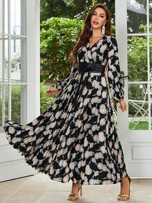Allover Floral Print Lantern Sleeve Belted Dress - Black - View 4