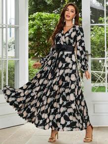 Allover Floral Print Lantern Sleeve Belted Dress