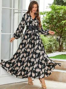 Allover Floral Print Lantern Sleeve Belted Dress