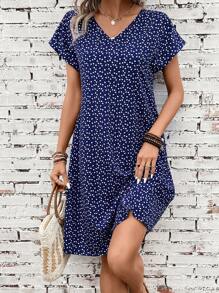 SHEIN LUNE Summer Loose Fit Women's Dress With Blue Heart Print, Suitable For Easter - Navy Blue - View 3