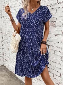 SHEIN LUNE Summer Loose Fit Women's Dress With Blue Heart Print, Suitable For Easter - Navy Blue - View 4