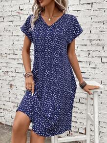 SHEIN LUNE Summer Loose Fit Women's Dress With Blue Heart Print, Suitable For Easter - Navy Blue - View 5