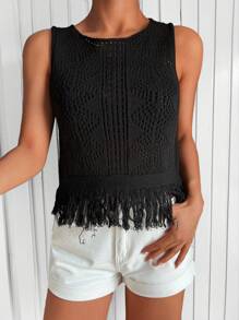 EURMUSE Fringe Hem Pointelle Knit Sweater Vest - Black - View 1