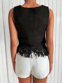 EURMUSE Fringe Hem Pointelle Knit Sweater Vest - Black - View 2