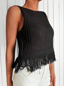EURMUSE Fringe Hem Pointelle Knit Sweater Vest - Black - View 3