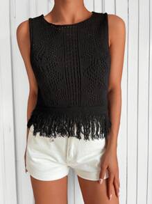 EURMUSE Fringe Hem Pointelle Knit Sweater Vest - Black - View 4