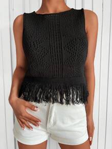 EURMUSE Fringe Hem Pointelle Knit Sweater Vest - Black - View 5