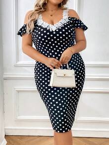 SHEIN Clasi Plus Polka Dot Print Guipure Lace Trim Cold Shoulder Ruffle Trim Bodycon Dress - Black and White - View 2