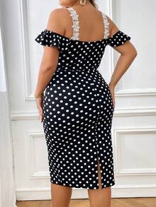 SHEIN Clasi Plus Polka Dot Print Guipure Lace Trim Cold Shoulder Ruffle Trim Bodycon Dress - Black and White - View 3