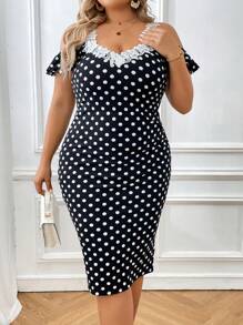 SHEIN Clasi Plus Polka Dot Print Guipure Lace Trim Cold Shoulder Ruffle Trim Bodycon Dress - Black and White - View 1