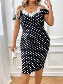 SHEIN Clasi Plus Polka Dot Print Guipure Lace Trim Cold Shoulder Ruffle Trim Bodycon Dress - Black and White - View 4