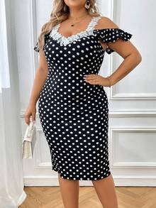SHEIN Clasi Plus Polka Dot Print Guipure Lace Trim Cold Shoulder Ruffle Trim Bodycon Dress - Black and White - View 5