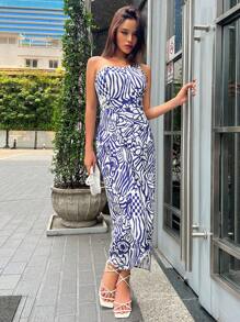 DAZY Allover Print One Shoulder Tulip Hem Dress Sundress - Blue and White - View 9