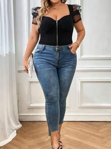 SHEIN Unity 休閒網拼接 透膚 拉鍊純色大碼T恤 - 黑色 - 查看 4