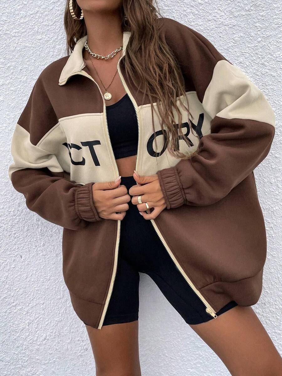 EURMUSE Letter Graphic Colourblock Drop Shoulder Zip Up Sweatshirt