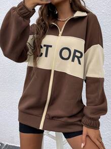 EURMUSE Letter Graphic Colourblock Drop Shoulder Zip Up Sweatshirt