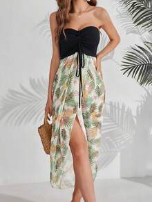 Váy đi biển có dây rút in họa tiết nhiệt đới xẻ đùi phía trước - Nhiều màu - Xem 3