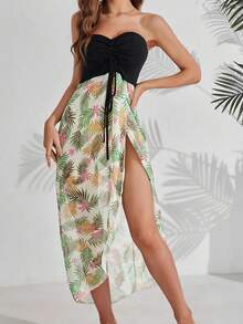 Váy đi biển có dây rút in họa tiết nhiệt đới xẻ đùi phía trước - Nhiều màu - Xem 4