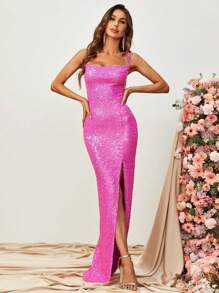 Split Thigh Sequin Cami Dress - Hot Pink - View 1