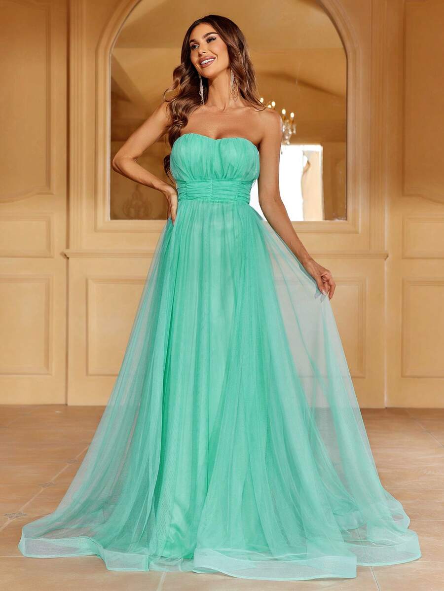 Đầm Lộ Lưng Xù Dây kéo màu trơn Buổi tiệc - Màu xanh Bạc hà - Xem 1