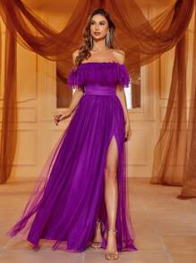 Off Shoulder Ruffle Trim Split Thigh Mesh Dress Elegant Formal Evening Prom Wedding Guest Gown, For Graduation, Dinner Party Dress - Purple - View 1