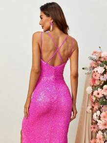 Split Thigh Sequin Cami Dress - Hot Pink - View 4