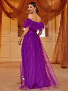 Off Shoulder Ruffle Trim Split Thigh Mesh Dress Elegant Formal Evening Prom Wedding Guest Gown, For Graduation, Dinner Party Dress - Purple - View 2