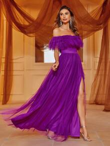 Off Shoulder Ruffle Trim Split Thigh Mesh Dress Elegant Formal Evening Prom Wedding Guest Gown, For Graduation, Dinner Party Dress - Purple - View 4