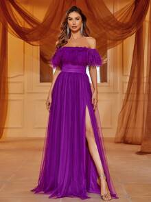 Off Shoulder Ruffle Trim Split Thigh Mesh Dress Elegant Formal Evening Prom Wedding Guest Gown, For Graduation, Dinner Party Dress - Purple - View 5