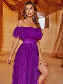 Off Shoulder Ruffle Trim Split Thigh Mesh Dress Elegant Formal Evening Prom Wedding Guest Gown, For Graduation, Dinner Party Dress - Purple - View 6