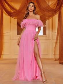 Đầm Xù phân lớp Dây kéo Tách cao màu trơn Buổi tiệc - Hồng - Xem 5