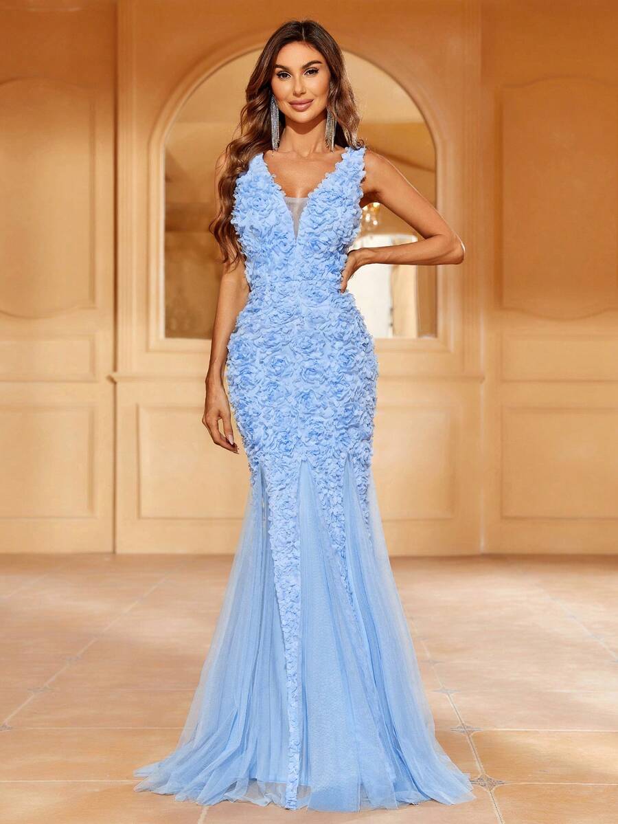 FAERIESTY Elegant Sophisticated Floral Applique Maxi Mermaid Dress With Netting-Trimmed Hem & Backless Design | Luxury Evening Look For Galas, Weddings Or Black-Tie Events