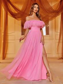 Đầm Xù phân lớp Dây kéo Tách cao màu trơn Buổi tiệc - Hồng - Xem 6