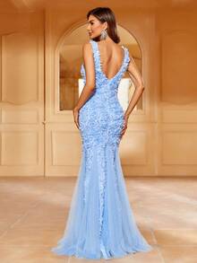 FAERIESTY Elegant Sophisticated Floral Applique Maxi Mermaid Dress With Netting-Trimmed Hem & Backless Design | Luxury Evening Look For Galas, Weddings Or Black-Tie Events