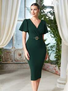 Butterfly Sleeve Split Back Belted Bodycon Dress - Dark Green - View 4