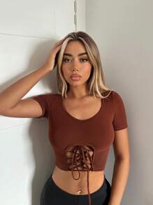 SHEIN ICON 前繫帶短款T恤 - 鏽棕色 - 查看 5