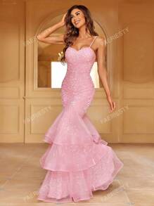Faeriesty Haute Glamour Elegant Shimmering Sequin Backless Cami Party Dress With Layered Tulle Skirt | Gala Evening Look For Weddings Or Luxury Events