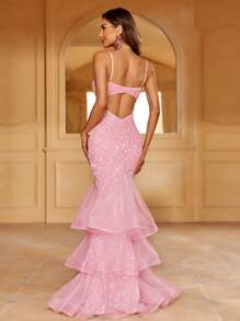 Faeriesty Elegant Shimmering Sequin Backless Cami Party Dress With Layered Tulle Dress | Gala Evening Look For Weddings Or Luxury Events Spring Vacation Pink - Pink - View 2