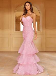 Faeriesty Elegant Shimmering Sequin Backless Cami Party Dress With Layered Tulle Dress | Gala Evening Look For Weddings Or Luxury Events Spring Vacation Pink - Pink - View 3