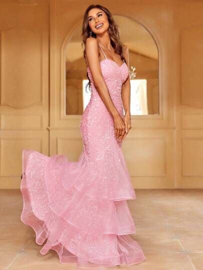 Faeriesty Haute Glamour Elegant Shimmering Sequin Backless Cami Party Dress With Layered Tulle Skirt | Gala Evening Look For Weddings Or Luxury Events