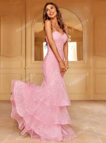 Faeriesty Haute Glamour Elegant Shimmering Sequin Backless Cami Party Dress With Layered Tulle Skirt | Gala Evening Look For Weddings Or Luxury Events