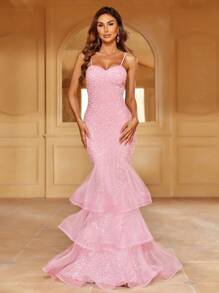 Faeriesty Elegant Shimmering Sequin Backless Cami Party Dress With Layered Tulle Dress | Gala Evening Look For Weddings Or Luxury Events Spring Vacation Pink - Pink - View 5