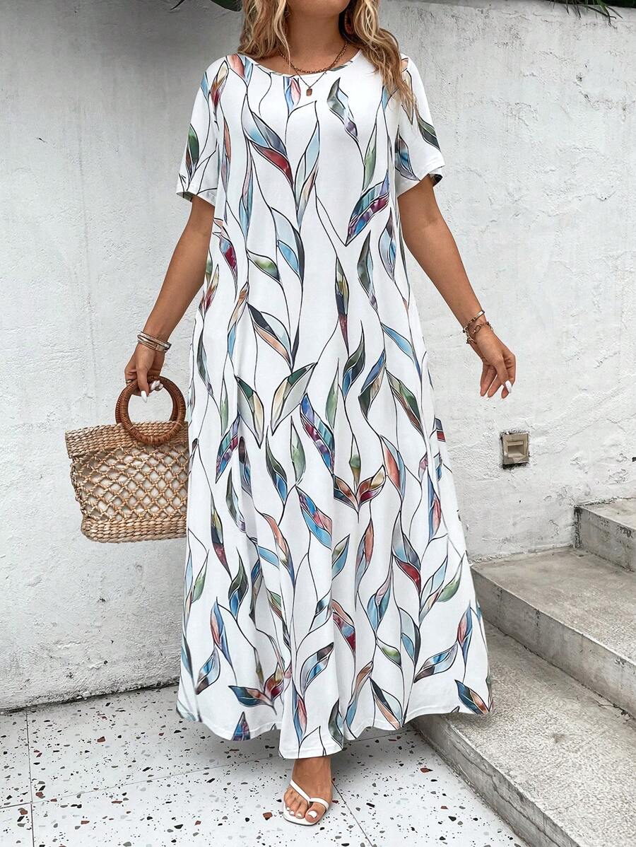 EMERY ROSE Plus Plants Print Tunic Dress For Summer - White - View 1