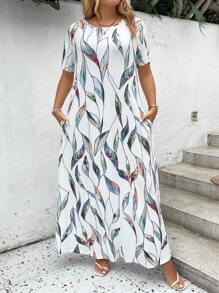 EMERY ROSE Plus Plants Print Tunic Dress For Summer - White - View 4