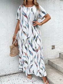 EMERY ROSE Plus Plants Print Tunic Dress For Summer - White - View 6