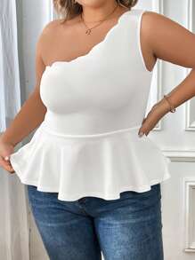 SHEIN Privé Plus Scallop Trim One Shoulder Peplum Top - White - View 5