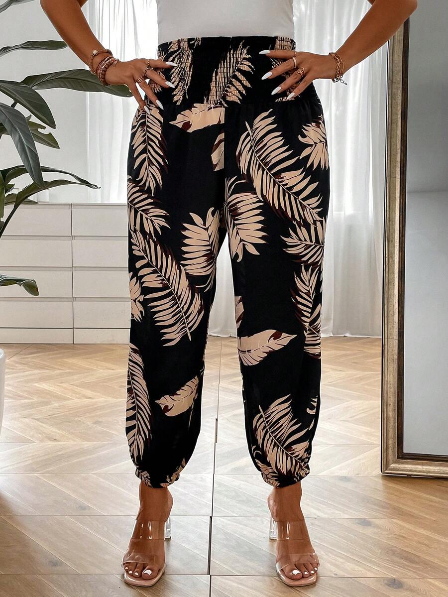 SHEIN LUNE Quần Plus Size Dải chun Nhiệt đới Boho - màu đen - Xem 1