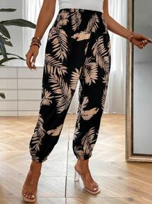 SHEIN LUNE Quần Plus Size Dải chun Nhiệt đới Boho - màu đen - Xem 3