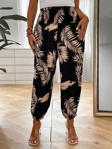 SHEIN LUNE Quần Plus Size Dải chun Nhiệt đới Boho - màu đen - Xem 4