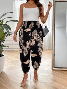 SHEIN LUNE Quần Plus Size Dải chun Nhiệt đới Boho - màu đen - Xem 6